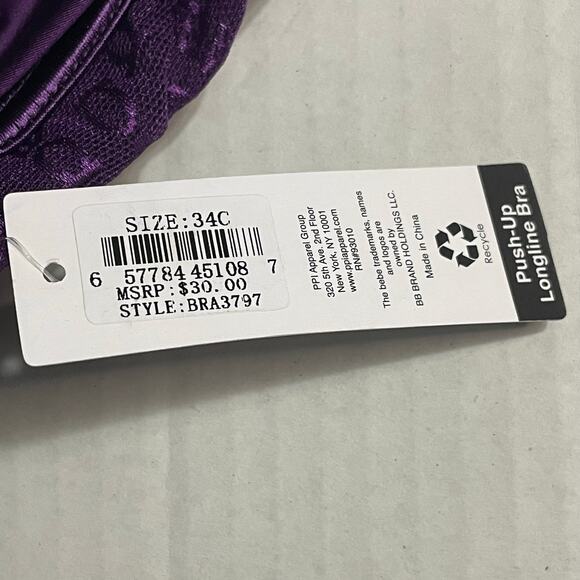 Bebe Womens Bra Size 34C Push Up Longline Bra Rhinstone Adjustable Straps Purple - Picture 9 of 9